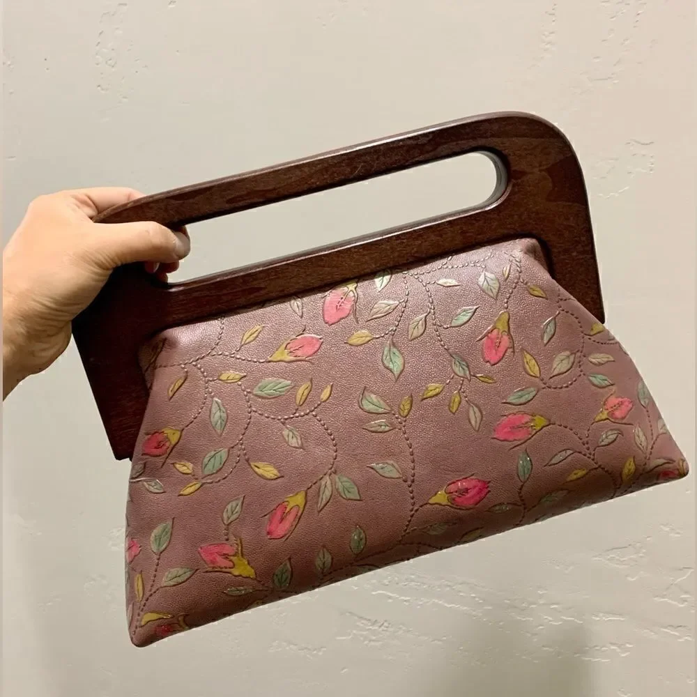 Handmade Genuine Embossed Leather Large Wooden Frame Handbag